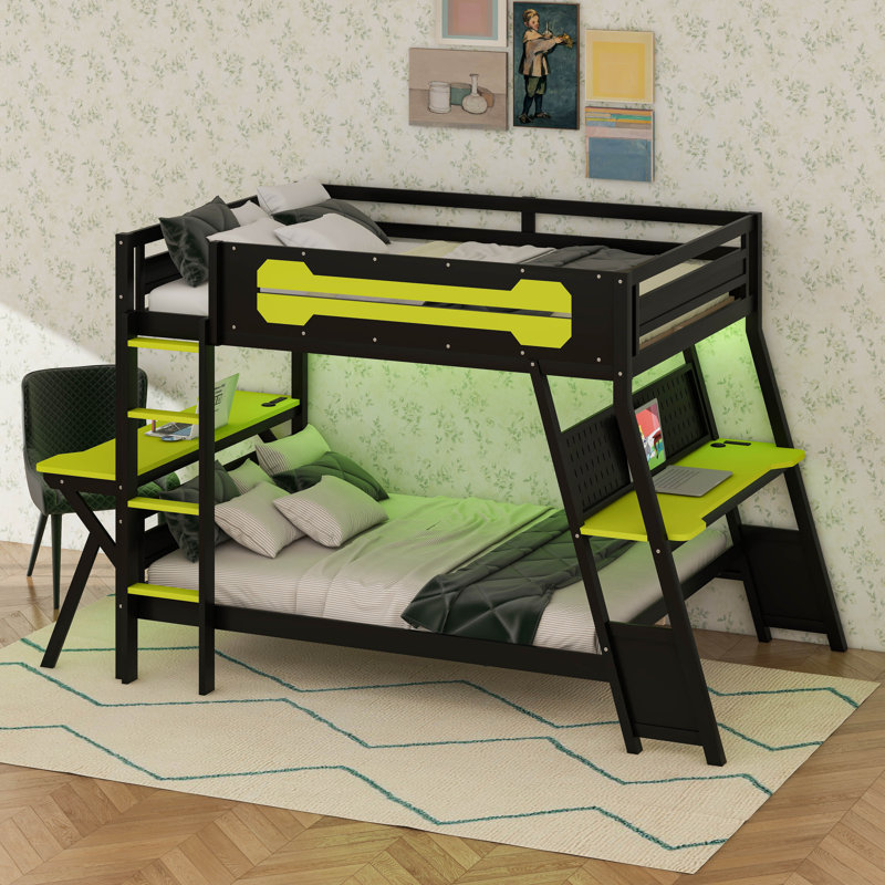 Wood Bunk Bed With Desk, Bunk Bed With Charging Station And Pegboard, Game Room Bunk Beds For Small Space, Full, Green