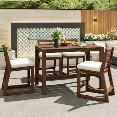 5 - Piece Patio Counter Height Dining Set, Patio Bar Set For 4 Person, Soild Wood, Slatted Top With Cushioned Chairs, Modern Farmhouse, Outdoor Use