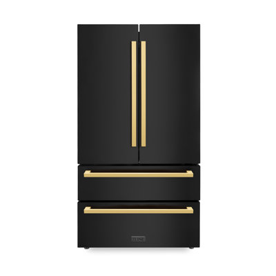 ZLINE Autograph Edition 36 in. 22.5 cu. ft. Counter-Depth French Door Refrigerator with Ice Maker in Fingerprint-Resistant Stainless Steel with Polished Gold Modern Handles