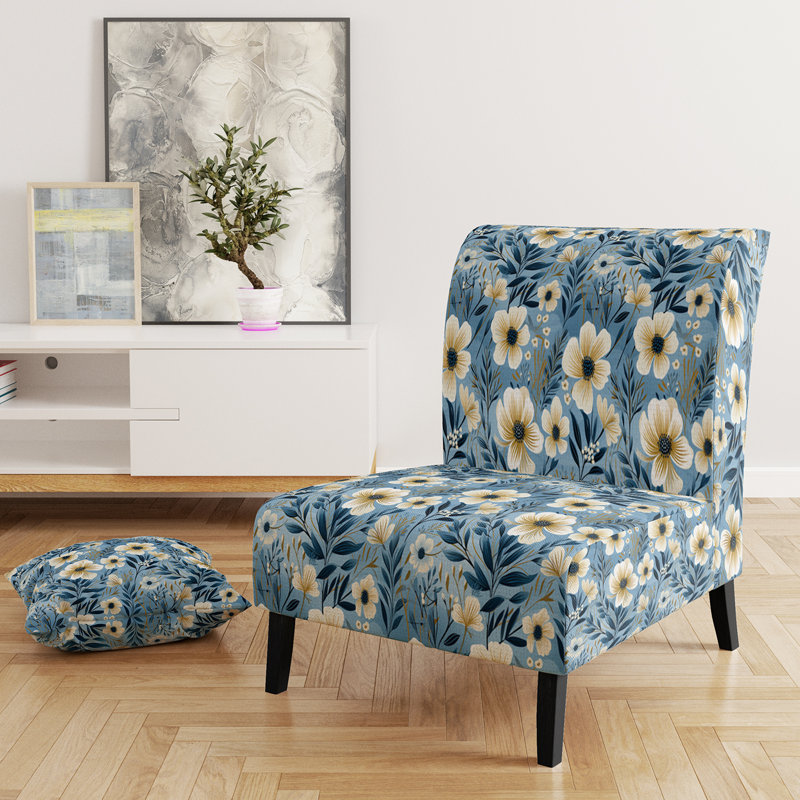 Blue Coastal Elegance Floral Pattern II - Upholstered Cottage Accent Slipper Chair