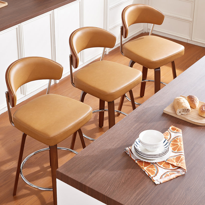 Ensemble de tabourets de bar pivotants de 3 po avec tabourets de bar de 26 po de hauteur avec dossier et pieds en bois, tabourets de bar modernes en similicuir pour comptoir de cuisine