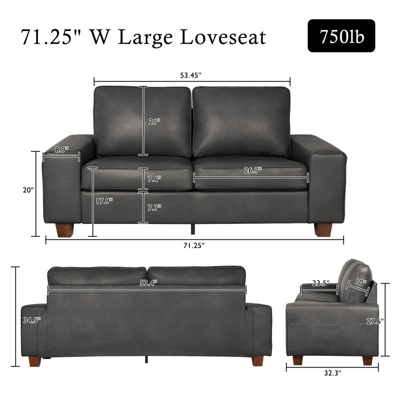 71.5" Vegan Leather Sofa with Wide Square Arms and Storage Pockets for Living Room Upholstered Loveseat, Gray
