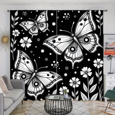2 pièces rideaux à motif floral noir et blanc avec passe-tringle, style élégant, toutes saisons pour le salon