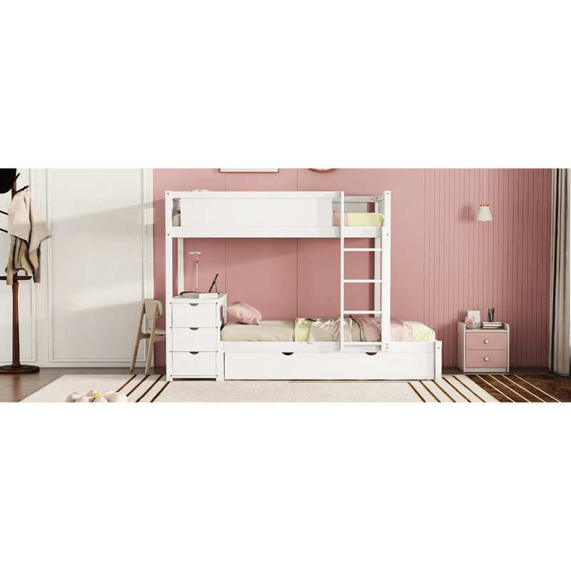 White Twintwin Bunk Bed With Ports And Trundle - Practical Bedroom Furniture Space Optimized Desk, Storage, Twin