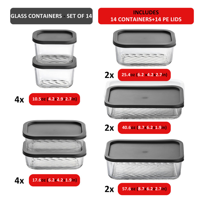 28 contenants en verre hermétiques pour la préparation et le rangement des repas avec couvercles, Gris, 28