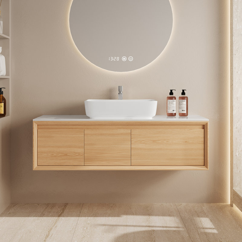 48'' Single Bathroom Brown Vanity with White Stone Top, Multi-layer Solid Wood Floating Bathroom Vanity with One Drawer and One Cabinet