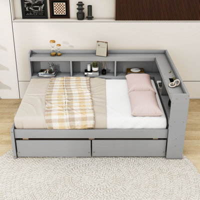 Full Two Drawers Wooden L-shaped Daybed with Charging Ports and Shelves