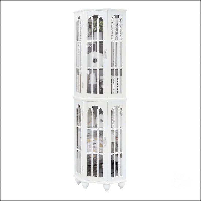 Corner Curio Cabinet With 4 Adjustable Tempered Glass Shelves And Lighting System, Solid Wood Legs, Acrylic Mirrored Back Panel