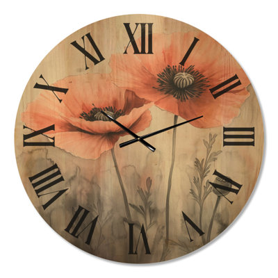 Coquelicots Corail et Brume II - Horloge murale décorative botanique imprimée sur bois