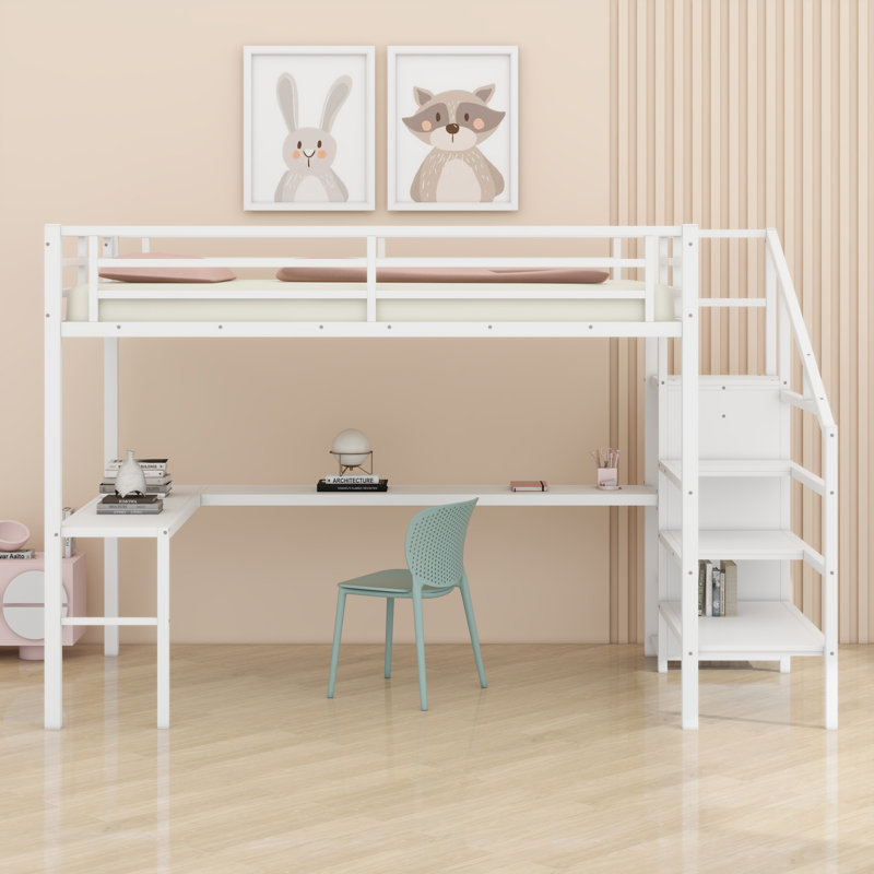 Loft Bed With L-Shaped Desk And USB,Wardrobe Shelf And LED, White