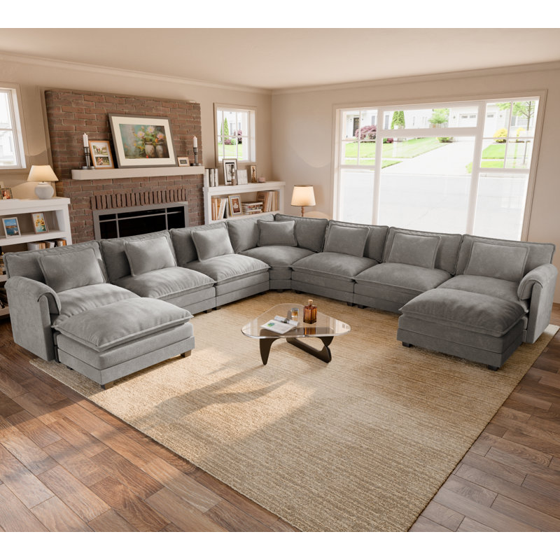 Canapé modulaire en coin 9 pièces en L 150 po avec poufs et tissu de chenille, H 36,2 po x l 150 po x P 150 po, Gris chenille