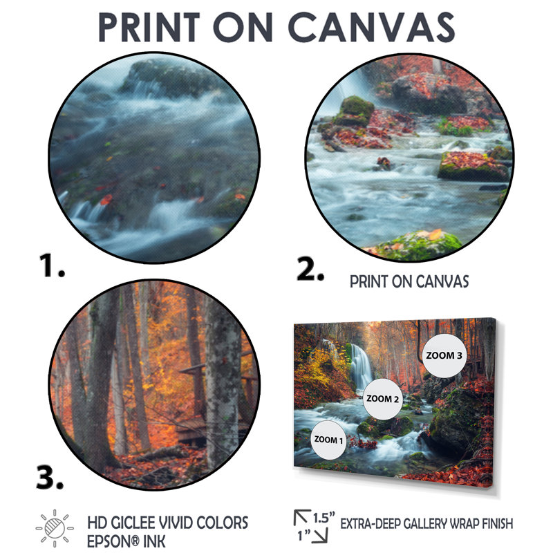 Autumn Mountain Waterfall Long View - Reproduction de photo sur toile tendue, H 8 po x l 12 po, Toile tendue, Sans cadre