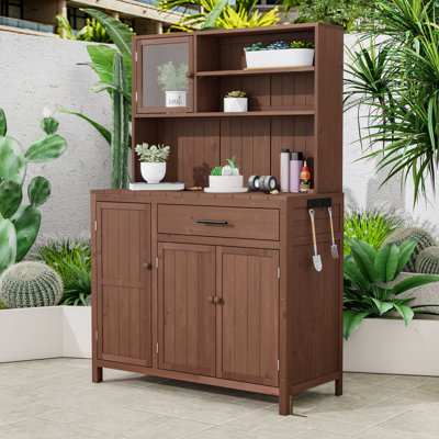 Wood Potting Bench with Hutch, Adjustable Shelves, Drawer, Spice Rack and Side Hooks