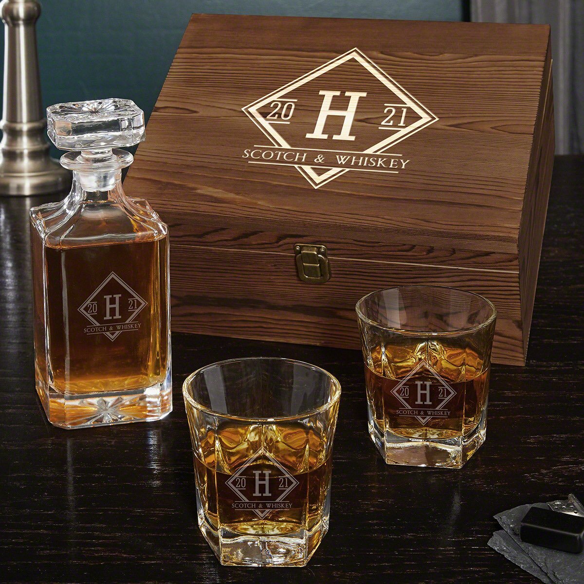 Engraved Fish Logo - Personalized Crown Decanter Set with Whiskey