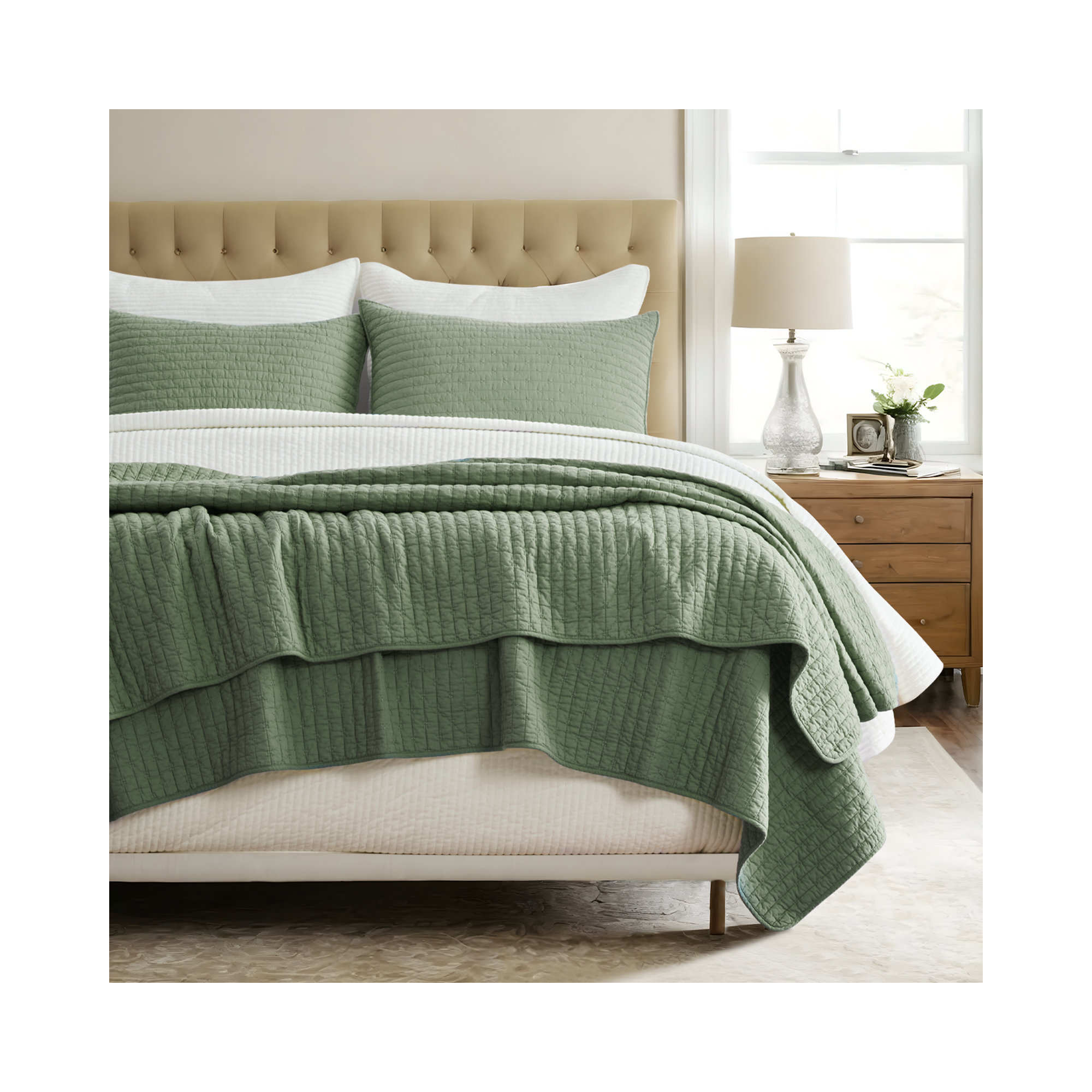 Cross Stitch Cotton Quilt set, Olive Green, Queen