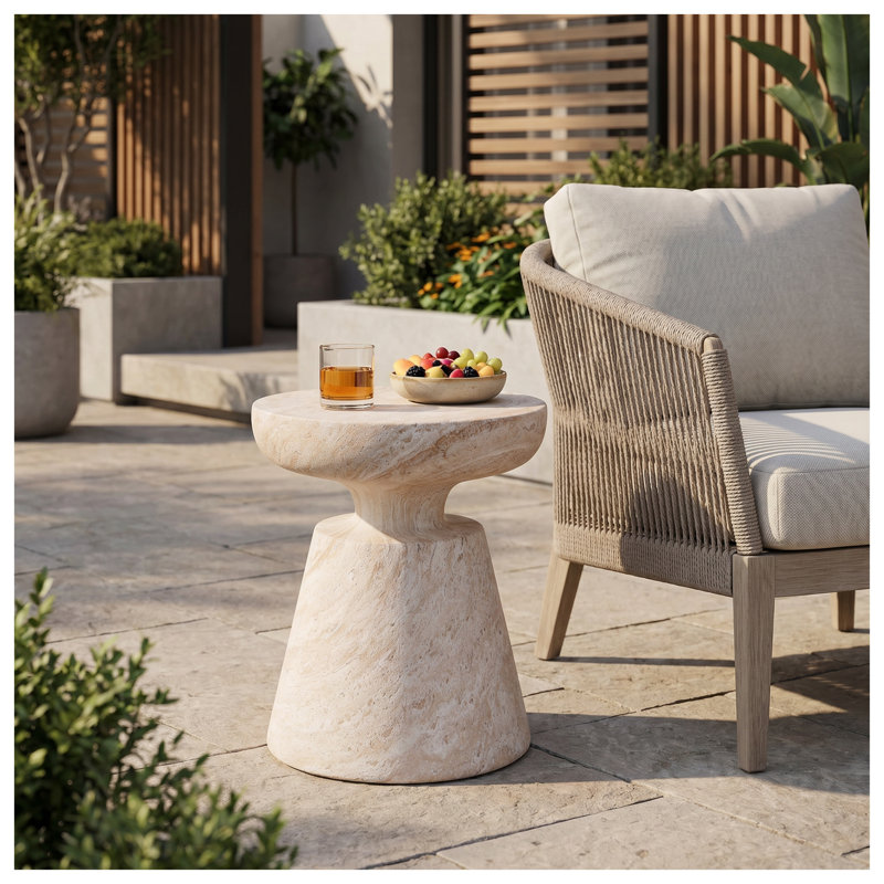 Table d'appoint piédestal en béton avec plateau en demi-sphère Travertine, 24.5" H x 21.5" W x 21.25" D, Beige