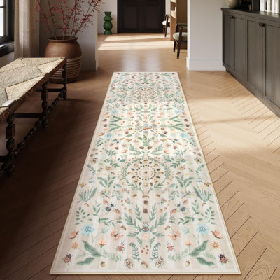 Nature-Inspired Botanical Washable Area Rug with Floral & Butterfly Pattern for Living Room, Bedroom, Nursery or Office