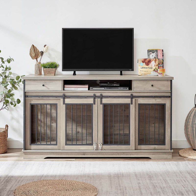 Multifunctional TV Stand Dog Crate with Two Drawers and Removable Partition, Ideal for Keeping Two Medium-Sized Dogs Comfortably