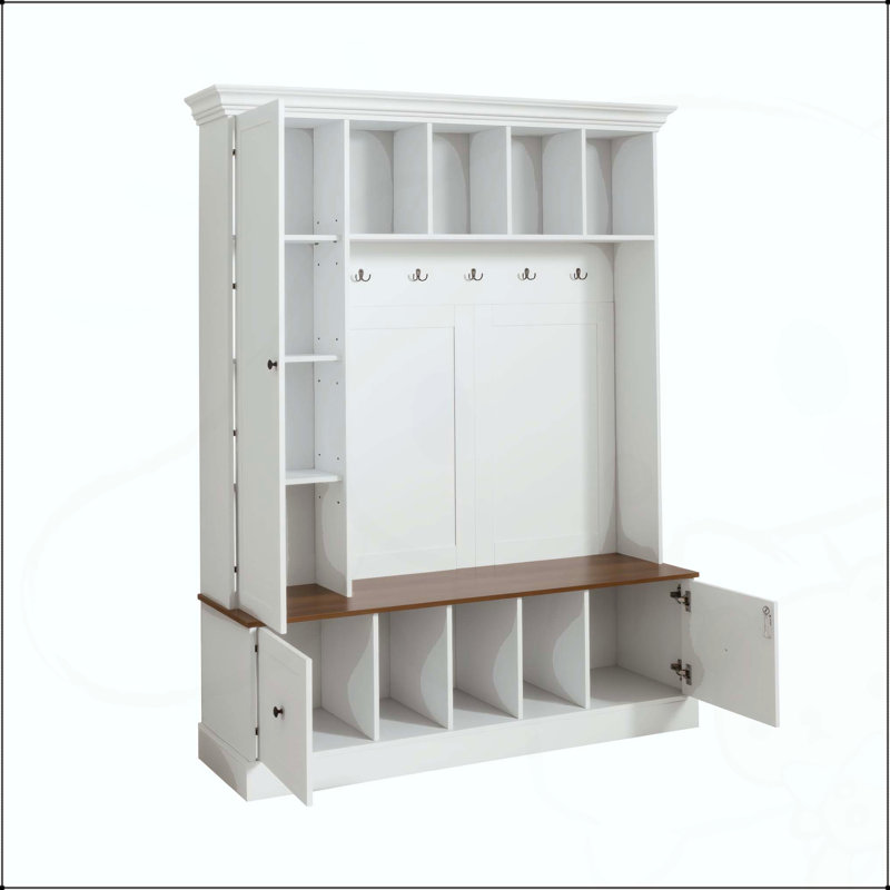 Arbre d'entrée de style campagnard avec armoire de rangement, tiroirs et 5 crochets, White