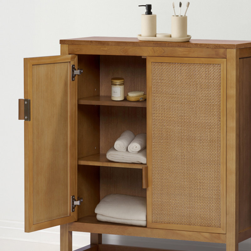 Ameer Modern Boho Accent Storage Cabinet with 2 Rattan Inlay Doors, Adjustable Shelves & Solid Wood Frame, Natural