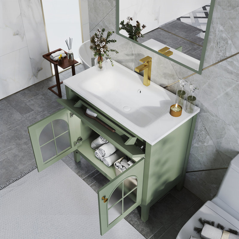 Meuble-lavabo de salle de bain haut de gamme Mid-Century, Vert