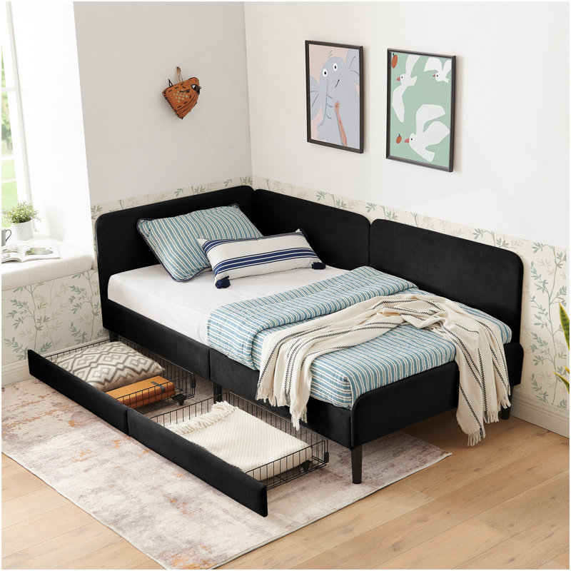 Twin Size Upholstered Platform Bed Frame With 2 Storage Drawers, Adjustable Velvet Sofa Bed, Black, Twin, Black