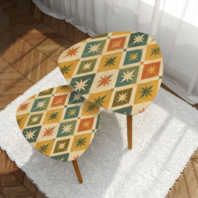Triangle Nesting Coffee Table Set of 2 Colorful happy retro seamless diamonds stars white End Table Modern Minimalist Side Table Set for Living Room Bedroom