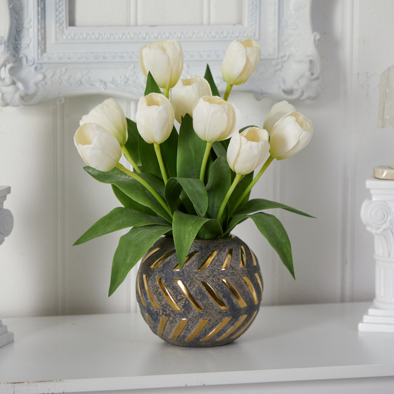 Tulip Artificial Arrangement In Decorative Vase, Orange