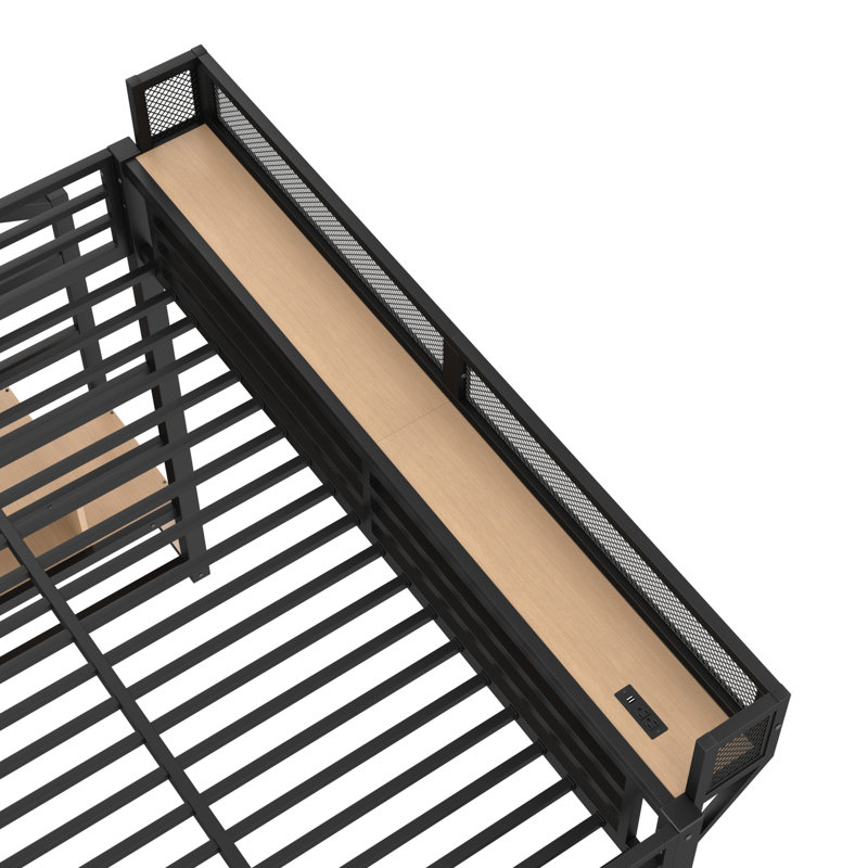 Lit mezzanine simple TG avec escalier de rangement, tablettes et garde-robe intégrée, ports USB et lumières DEL