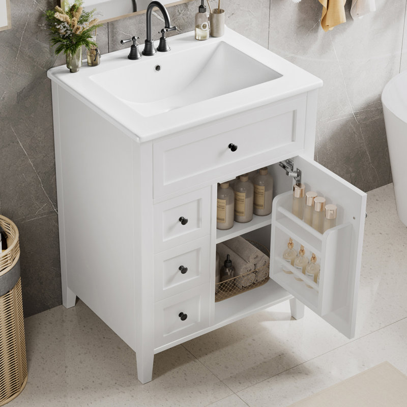  Meuble-lavabo 24 po avec lavabo, pieds en bois massif, 4 tiroirs et armoire avec tablette réglable, blanc, Blanc/Noir