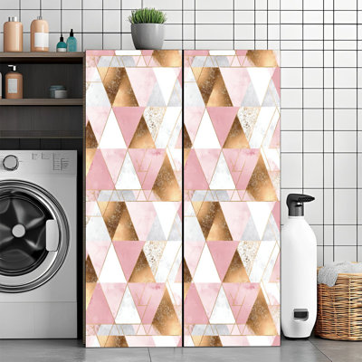 Papier peint auto-adhésif avec lignes métalliques géométriques transparentes, triangles de marbre rose, gris et or, adhésif et amovible 24 po x 118 po (60 x 300 cm)