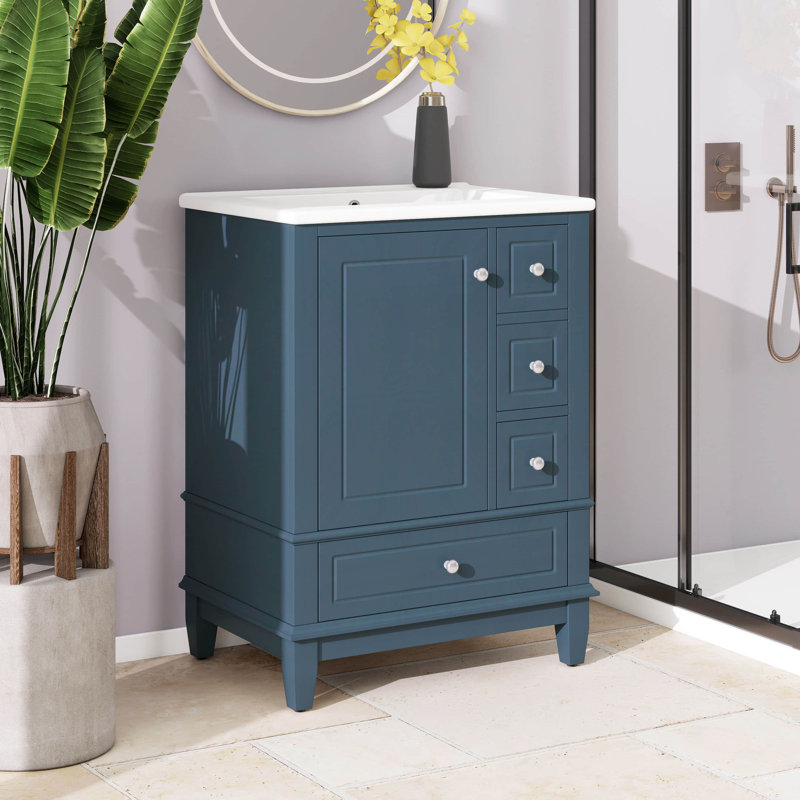 24" Bathroom Vanity With Sink, Single Vanity Set With 3 Drawers And One Door With Storage Racks, Wooden Storage Cabinet