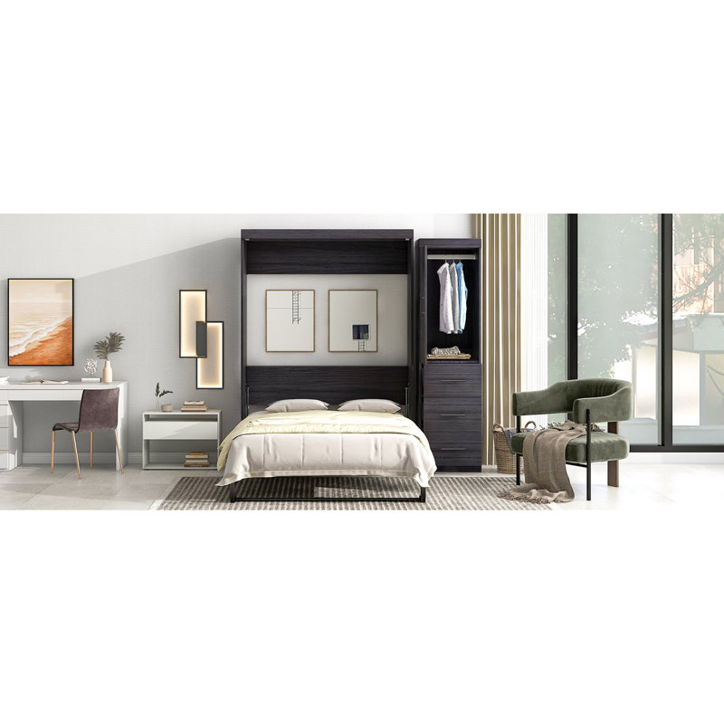 Lit double en gris - comprend une garde-robe, des tiroirs et un design pliable avec un espace de rangement gris, Lit double