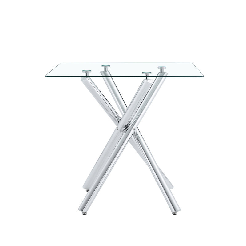Table de bar moderne en métal galvanisé avec plateau en verre trempé, table de pub robuste à pieds croisés pour bar à la maison, îlot de cuisine, salon