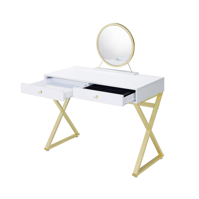 Bureau de meuble-lavabo en blanc et or, conception rectangulaire, poignée en cristal, structure en métal, miroir amovible, plateau à bijoux, extension de tiroir à 2 ou 3 tiroirs dorée avec miroir, miroir 2 tiroirs de rangement inclus