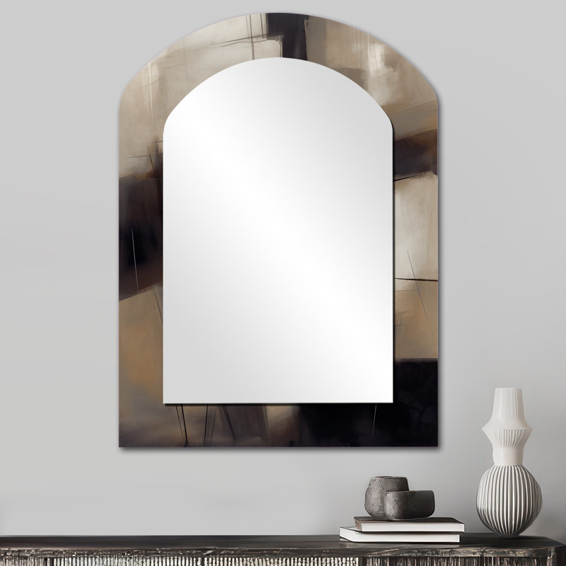 Painting Of Abstract Shapes IV - Abstract Painting Asymmetrical Mirror, Brown Arch Decorative Wall Mirror, Printed Metal Art