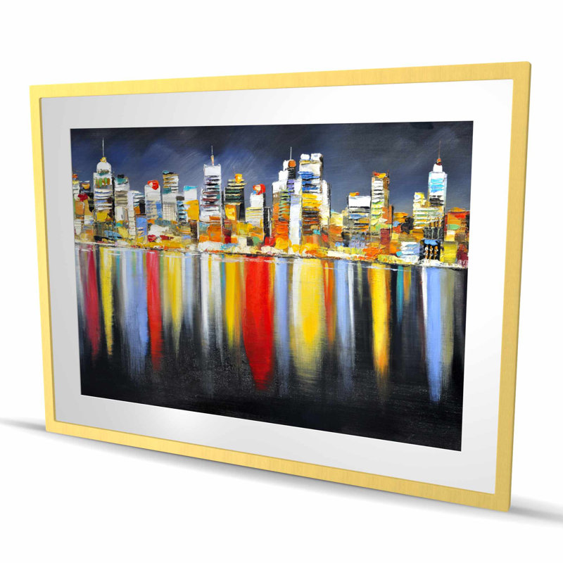 «Colorful Reflection of Cityscape by Night», reproduction encadrée