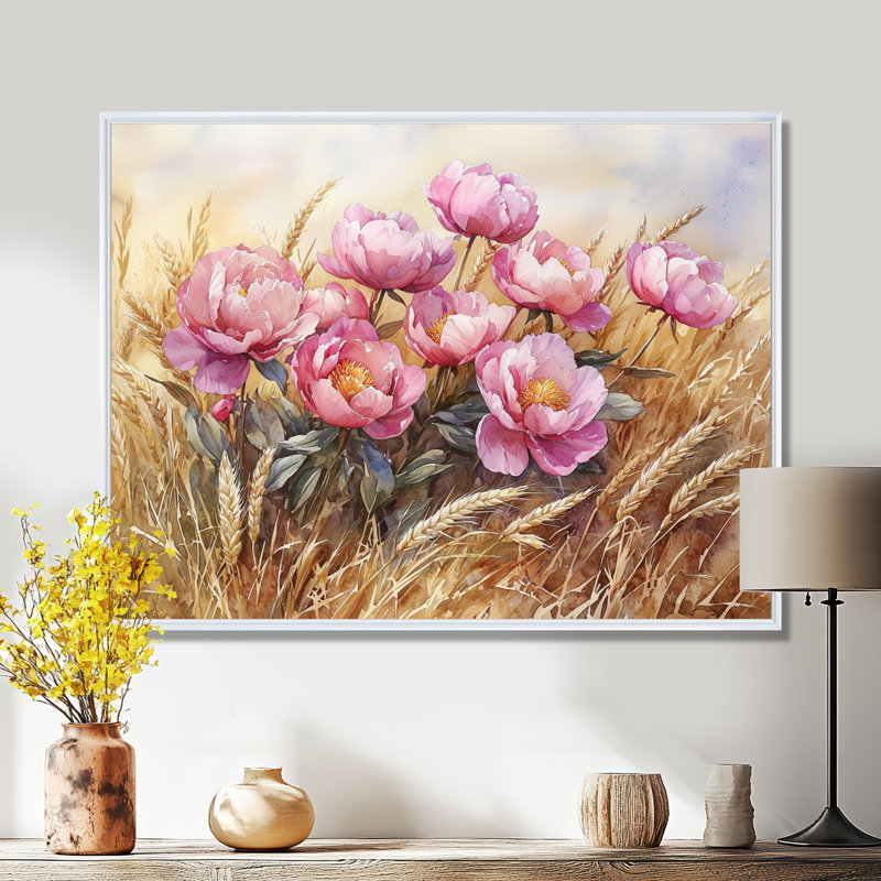 Ikisha pivoines dans le champ de blé II - pivoines, art mural, H 16 po x l 32 po, Picture Framed Print, Blanc