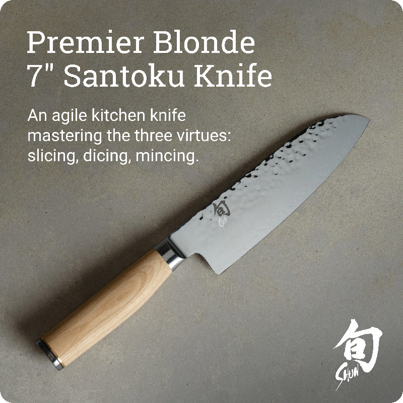 Shun Premier Blonde Santoku Knife, Handcrafted and Hand-Sharpened Japanese All Purpose Knife, VG-MAX Core with Damascus Stainless Steel Cladding, Pakkawood Handle, Versatile Japanese Cutting Tool