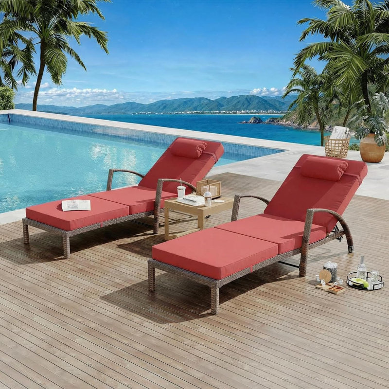 2-Piece Rattan Patio Chaise Lounge Set, 5-Position Recliner with Cushions, Red