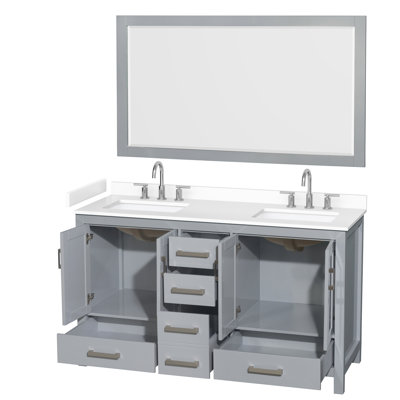 Meuble-lavabo double 60 po Sheffield en gris, comptoir en marbre de culture blanc, lavabos carrés encastrés (3 trous), garniture en chrome brossé, miroir de 58 po