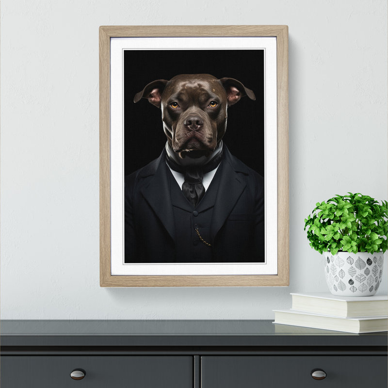 Staffordshire Bull Terrier Dadaism - Single Picture Frame Print on Wood, 46cm H x 34cm W x 2cm D, Oak