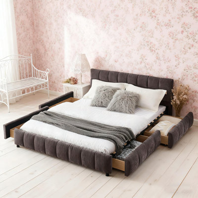 Queen Size Upholstered Bed, Comfortable Upholstered Bed Frame, Chenille Fabric, With Headboard And Solid Bed Frame. With Drawer For Storage.-Dark Gray(88.5''*68.5''*31'')