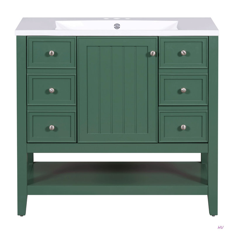 36" Bathroom Vanity With Sink, One Cabinet And Three Drawers, Solid Wood And MDF Board, Green