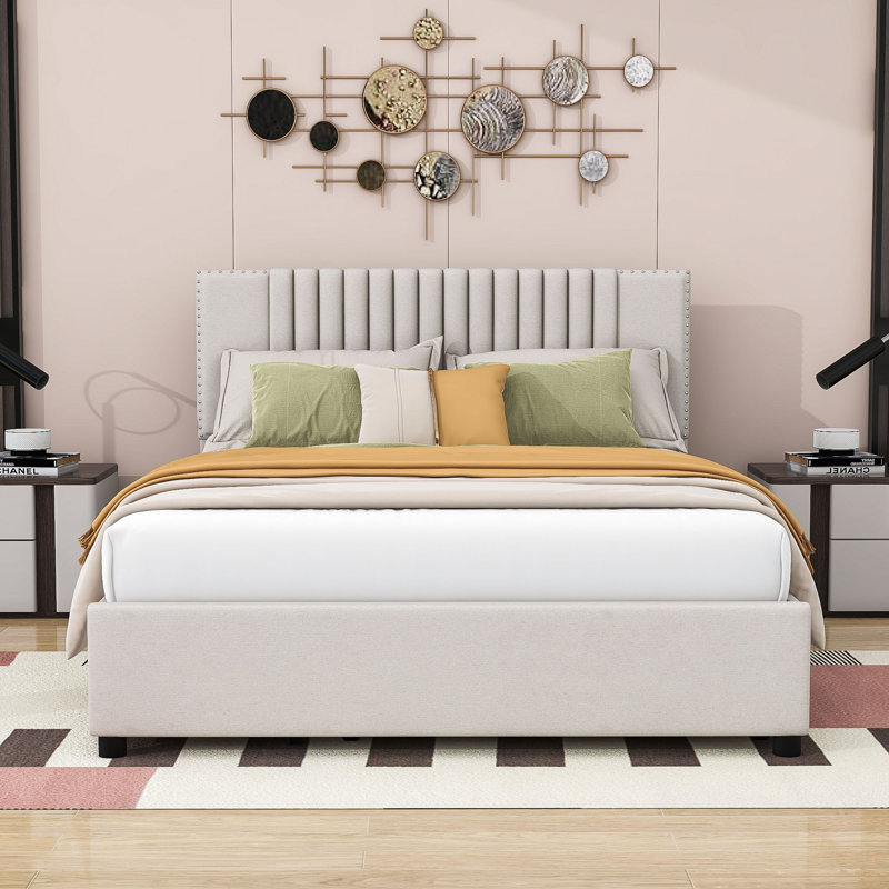 Lit plateforme avec rangement Lafonya, Grand, Beige