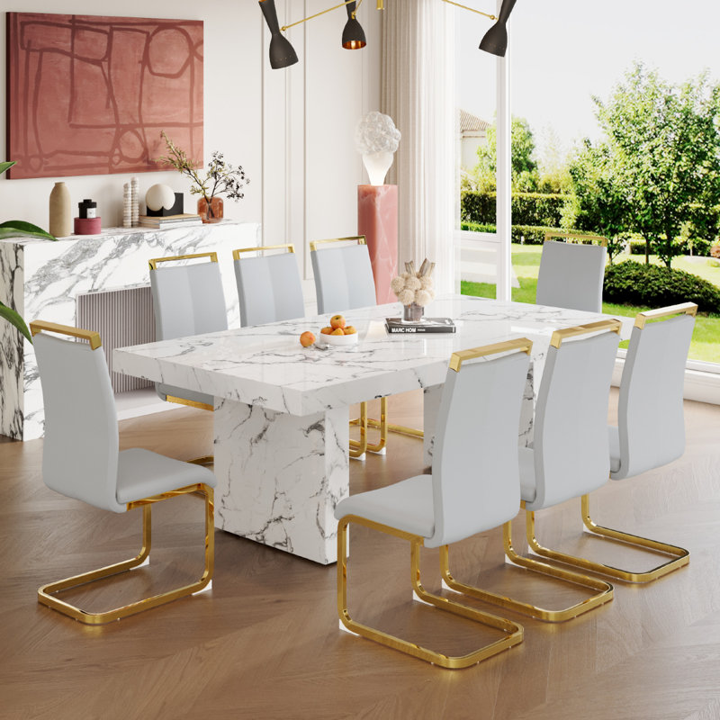 Ensemble de table de salle à manger en bois pour 8, Gris clair, 9 pièces : table, 8 chaises