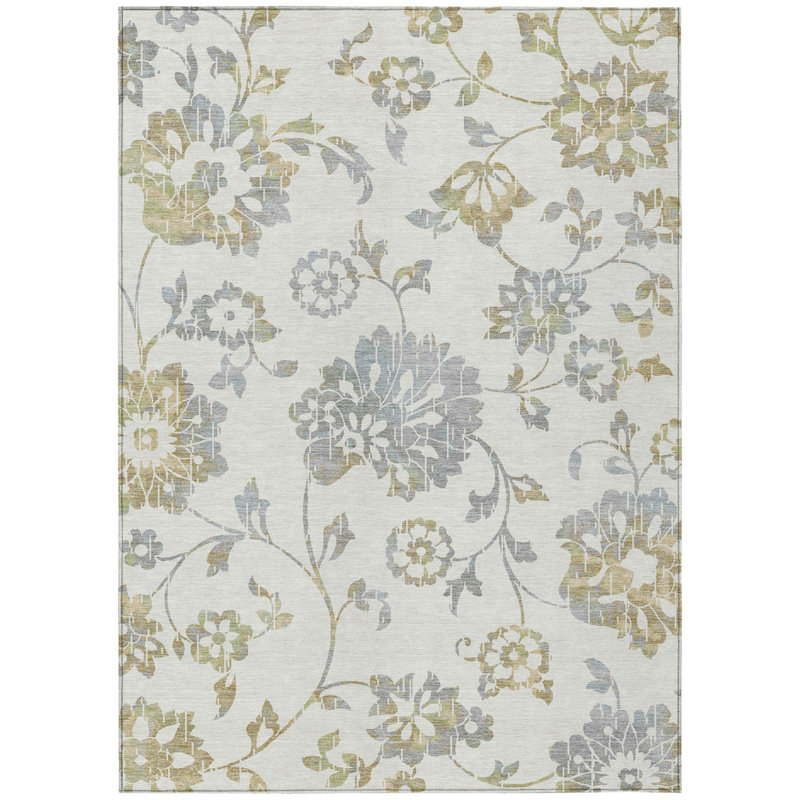 3' X 5' Ivory Gray And Gold Floral Washable Indoor Outdoor Area Rug