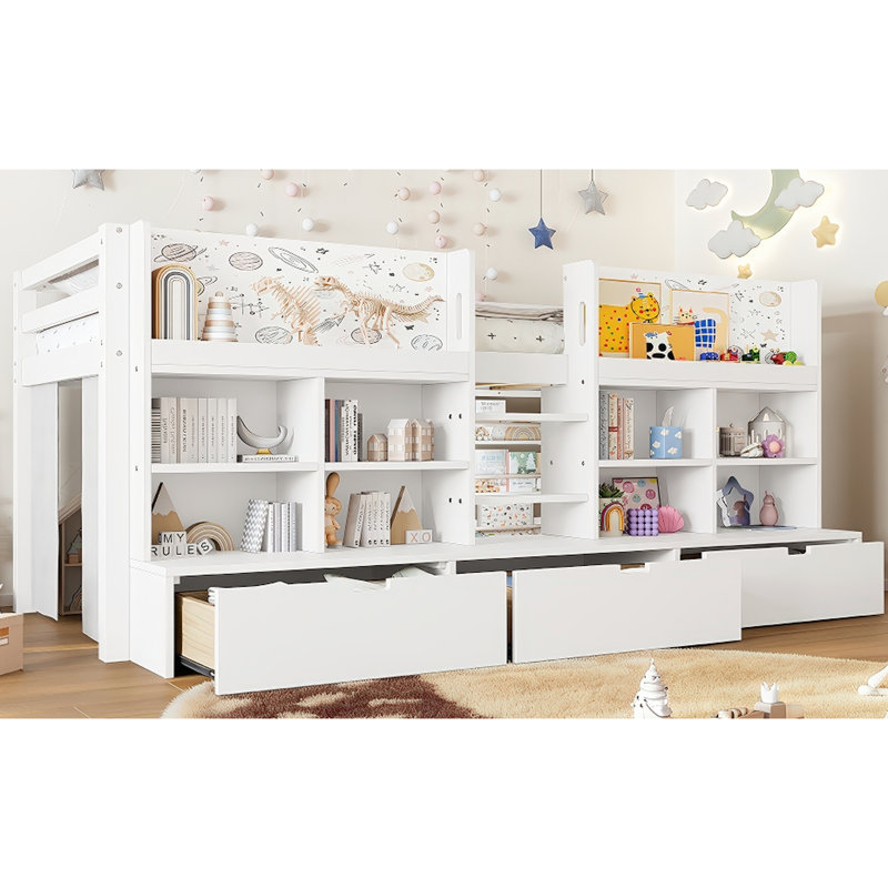 Lit mezzanine bas simple blanc avec rangement pour et articles essentiels, rideau, tableau noir, lit idéal pour chambres à coucher, blanc, tablettes à plusieurs rangements, aucun sommier requis