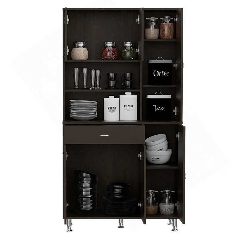 Kitchen Pantry Cabinet, Two Open Shelves, One Drawer, Multiple Cabinets, Black