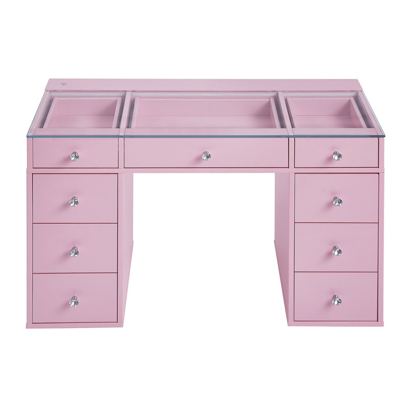 Slaystation Kids Vanity Table With LED Strip Light Tabletop, Faux Crystal Luxe Knobs 7 Storage Drawer Units, Clear Glass Top And Tri Tone Lighting